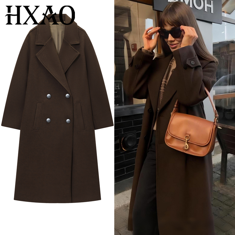 HXAO Women's Coat Brown Tweed  - Wool Coat Peacoat incelemesi ve fiyatı