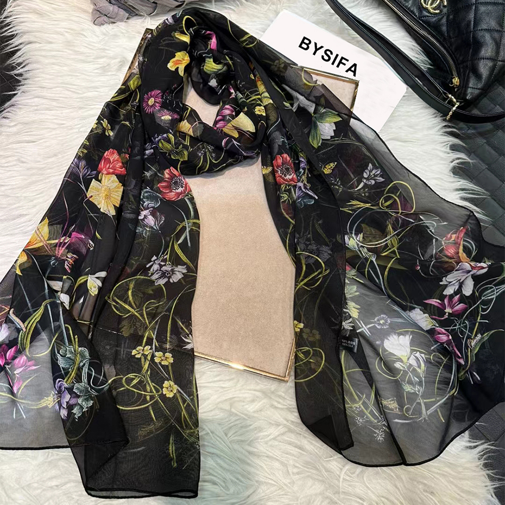 BYSIFA|New Black Pure Silk Wom - Shawl Wrap Winter incelemesi ve fiyatı
